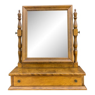 1970s Ethan Allen American Traditional Heirloom Nutmeg Maple Shaving Mirror / Dresser Topper With Drawer For Sale