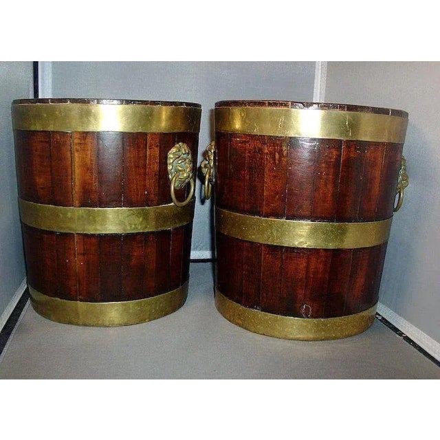 Wood 1800 Century George III Walnut Brass Bound Ice Bucket Cooler Decanter Caddies or Wine Bottle Coasters - A Pair For Sale - Image 7 of 11