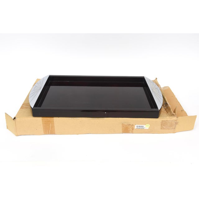 Vintage Oggetti Lacquered Mahogany Rectangular Tray With Art Deco Silver Chromed Handles For Sale - Image 12 of 12