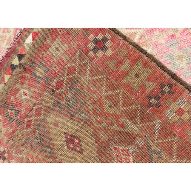 Geometric Kurdish Design Vintage Runner From Turkey in Pink, Red & Green Colors For Sale - Image 11 of 12