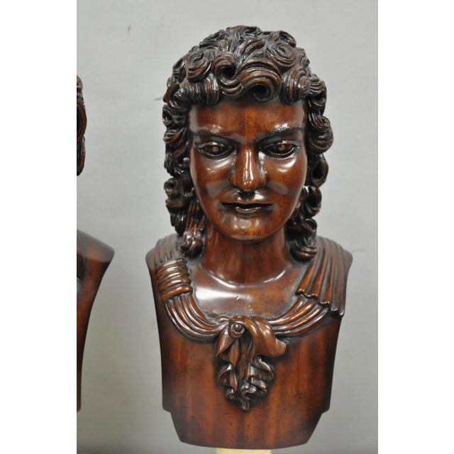 Late 20th Century Late 20th Century Classical Maitland Smith Style Carved Mahogany Wood Bust on Alabaster - A Pair For Sale - Image 5 of 15