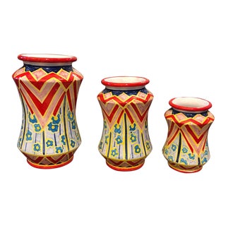 2019 Sicilian Pieces Hand Painted Terracotta Albarello Vases - Set of Three For Sale