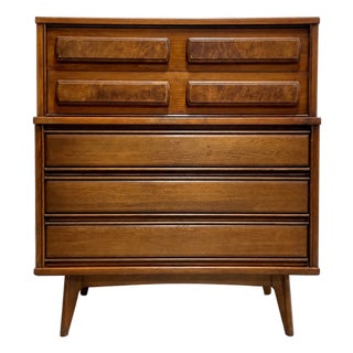 Mid Century Modern Walnut Dresser by United Furniture Co. | Burled Drawers | Refinished Storage 1960's For Sale