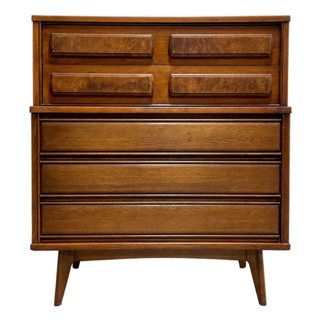 Mid Century Modern Walnut Dresser by United Furniture Co. | Burled Drawers | Refinished Storage 1960's For Sale