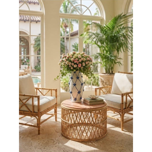 Vintage Italian Hand-Crafted Ceramic Lattice & Cobalt Blue Rose Urn Vase For Sale In West Palm - Image 6 of 12