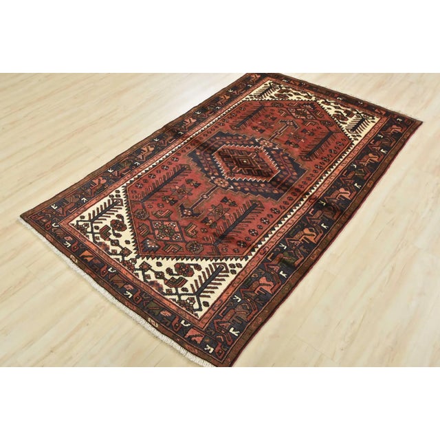Cabin Zanjan Rug 4'2'' X 6'7'' Red Wool Vintage Tribal Hand-Knotted Oriental Carpet For Sale - Image 3 of 13