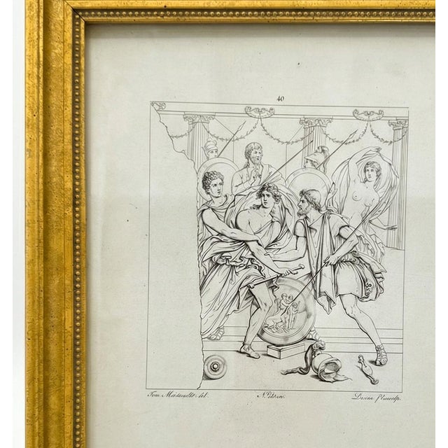 A striking 19th-century neoclassical engraving featuring two classical vignettes of several mythological figures in...