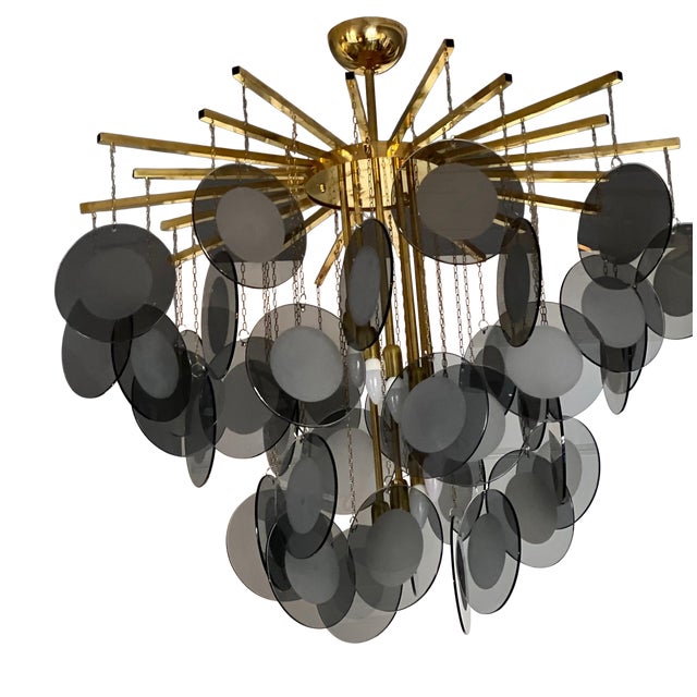 Mid-Century Modern Large Chandelier in Brass with Smoked Murano Glass Discs For Sale - Image 3 of 9