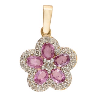 Cherry Blossom Pink Sapphire Diamond Flower Pendant in 18k Yellow Gold For Sale