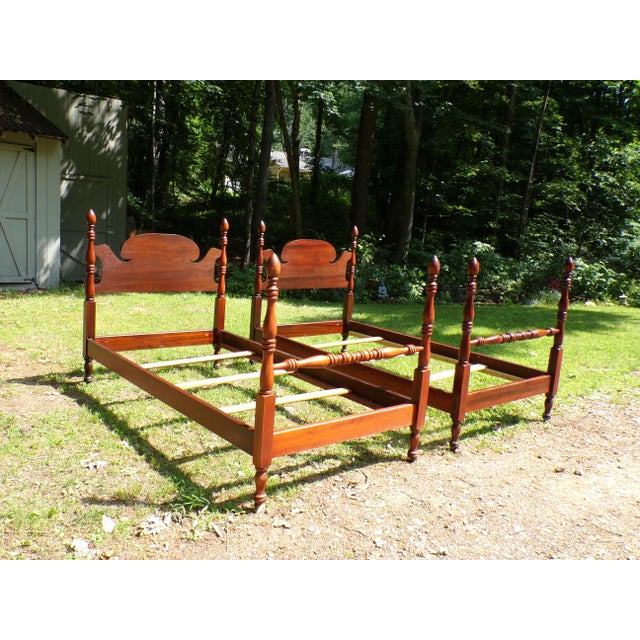 Vintage Pair Cherry 1/2 Poster Twin Bed Frames c.1940's The headboards have sculptural panels and the footboard has...