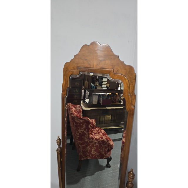 Queen Anne Burr Walnut Cheval Mirror, 1920 For Sale - Image 4 of 12