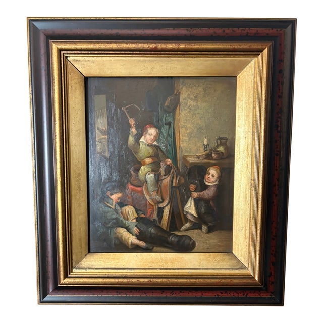 Framed Oil on Board "Boy on Saddle", Mid-20th Century For Sale