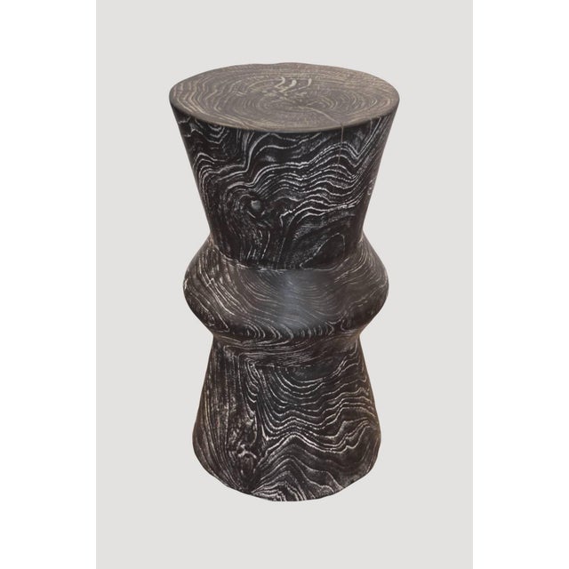 Early 21st Century Andrianna Shamaris Triple Burnt Teak Wood Cerused Side Table or Stool For Sale - Image 5 of 18