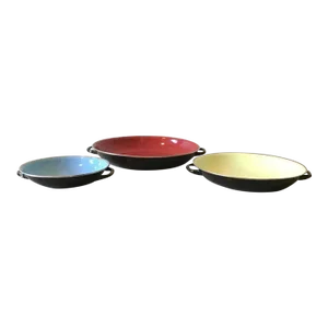 Vintage Mid-Century Modern Emo Celje Double Handled Enamel Sauté Pans - Set of 3