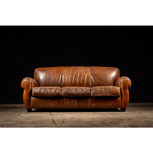 Traditional Vintage Leather Club Sofa in Brown For Sale - Image 3 of 7