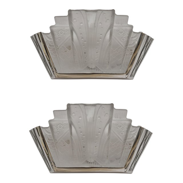 Pair of 1930s Muller Freres French Art Deco Geometric Stepped Wall Sconces - 2 Pairs Available For Sale
