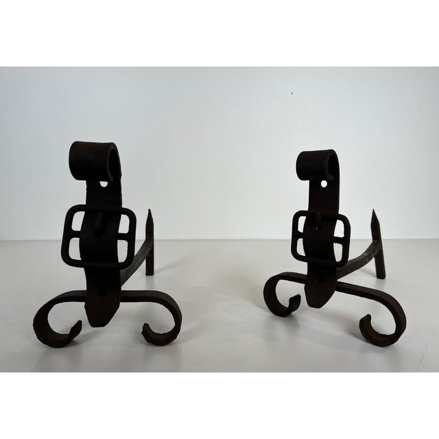 1950s Pair of cast iron andirons representing a belt. French work. For Sale - Image 6 of 12
