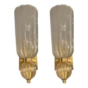 21st Century Modernist Handblown Murano Glass Elongated Tulip Sconces With 24-Kt Gold Flecks - a Pair