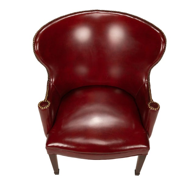 Plastic 1950s Burgundy Red Vinyl Wingback Studded Library Club Chair For Sale - Image 7 of 13