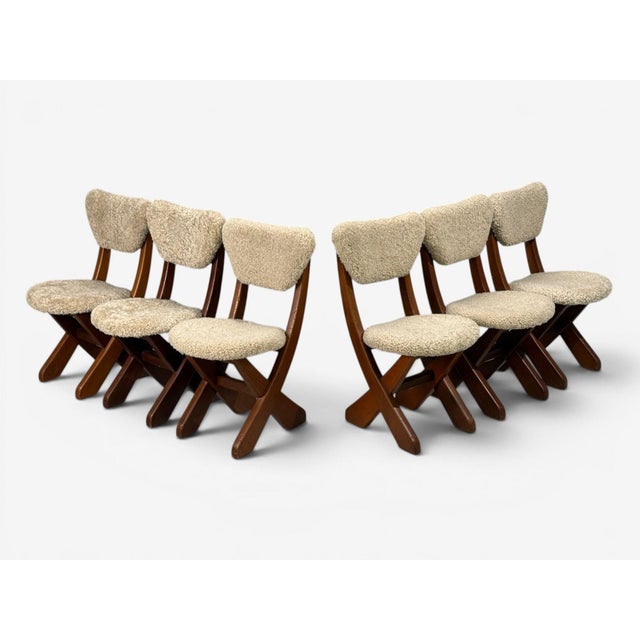 Danish Modern, Brutalist Dining Chairs, Pine, Shearling, Denmark, 1960s For Sale - Image 4 of 11