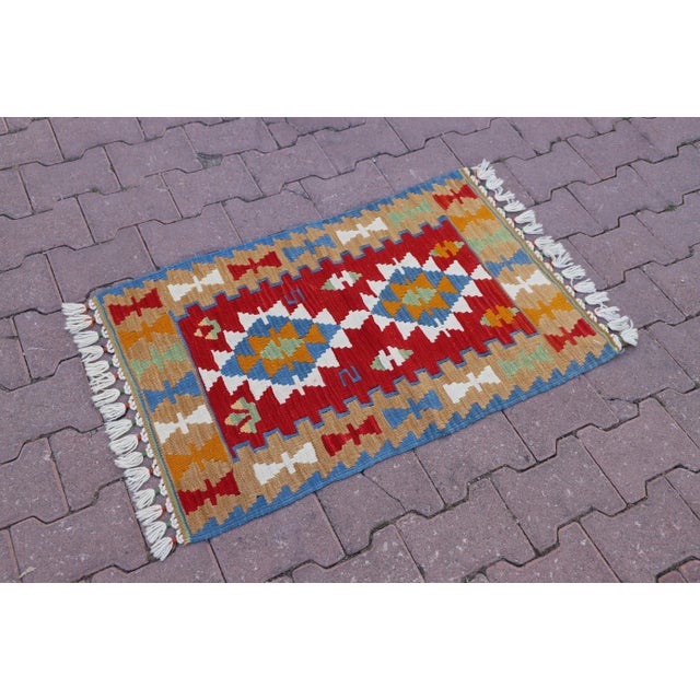 Tribal 1980s Southwestern Blue Handmade Kilim For Sale - Image 3 of 11