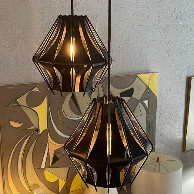 1960s Mid-Century Studio Made Slat Steel Diamond Pendants - a Pair For Sale - Image 5 of 9