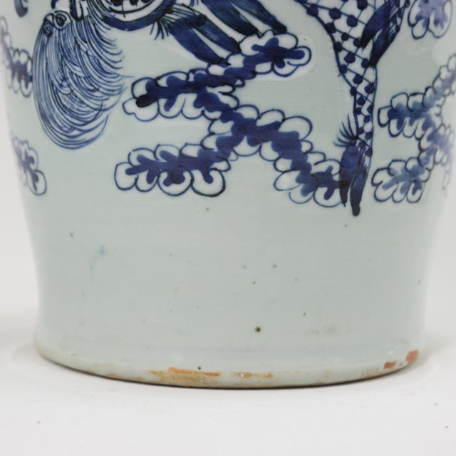 19th Century Chinese Blue and White Porcelain Vase With Dragons and Cloud Motif For Sale - Image 9 of 12