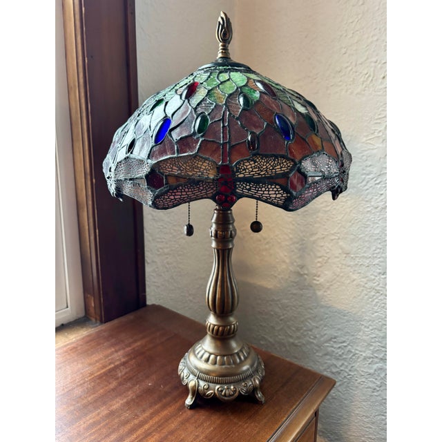 Mid 20th Century Styled After Tiffany Leaded Stained Glass Dragonfly Table Lamp For Sale - Image 9 of 11