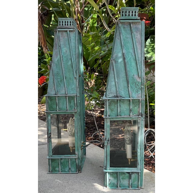 Art Deco Pair of Monumental Art Deco Style Verdigris Copper & Brass Wall Lanterns For Sale - Image 3 of 16