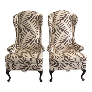 Quadrille Fabric Wingback Chairs - A Pair For Sale