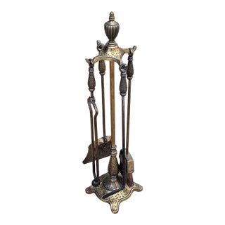 Vintage Victorian Solid Brass Fireplace Tool Set of Four For Sale