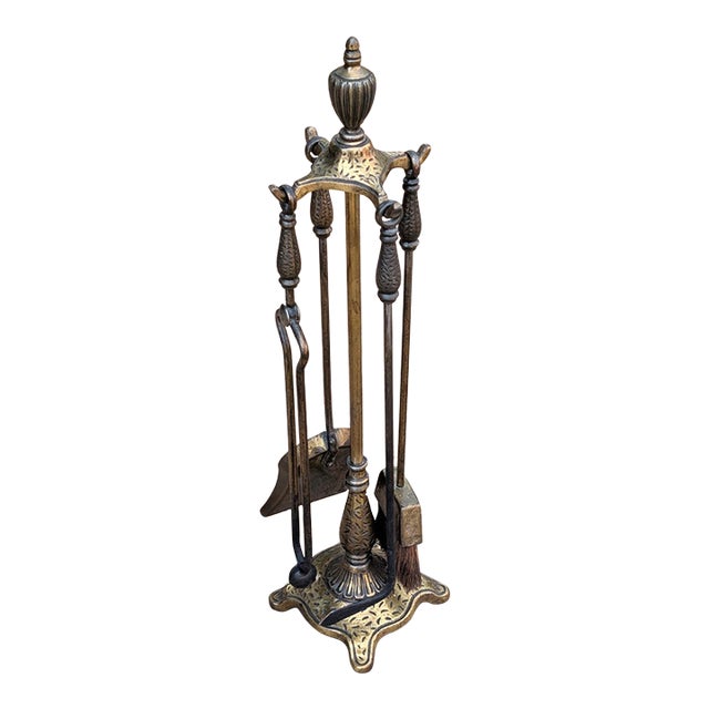 Vintage Victorian Solid Brass Fireplace Tool Set of Four For Sale