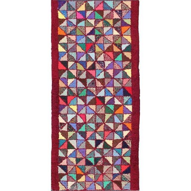 Bright and Multi Colors Vintage American Hooked Rug With Checkerboard Design For Sale