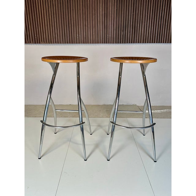Postmodern Postmodern Chromed Steel and Beech Bar Stools, Italy, 1990s, Set of 2 For Sale - Image 3 of 11