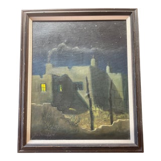 Mid Century Taos Nocturne William J. Monaghan 1977 Canvas Oil Painting For Sale