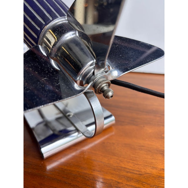 Ink Blue 1930’s Art Deco Chrome and Glass Airplane Lamp For Sale - Image 8 of 11