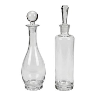 Pair Mid 20th Century Minimalist Clear Glass Decanters With Stoppers For Sale