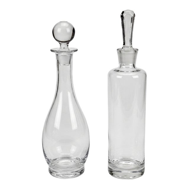 Pair Mid 20th Century Minimalist Clear Glass Decanters With Stoppers For Sale