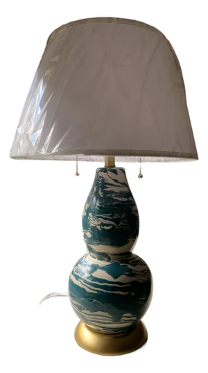 Contemporary Teal/Off White Swirls Glass Table Lamp W/ Shade