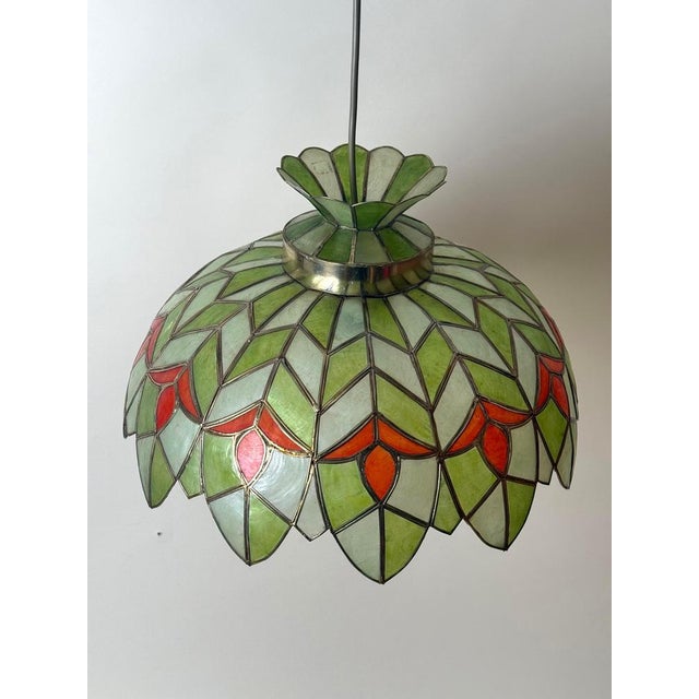 Green Handcrafted Palm Beach Capiz Shell Lotus Pendant, 1970s For Sale - Image 8 of 15