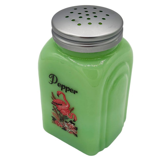 Mid-Century Jadeite Green Glass Pink Flamingos Salt and Pepper Set For Sale - Image 10 of 13