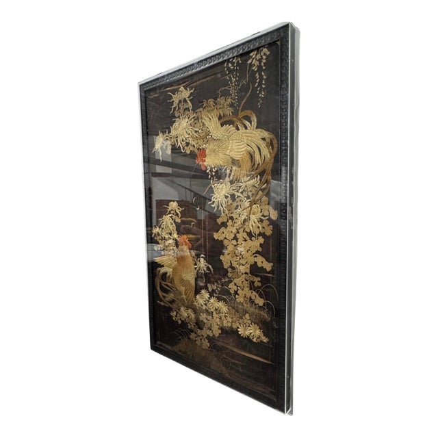 Early 20th Century Qing Dynasty Embroidered Rooster Tapestry 2 With Wood Frame, in Lucite Box For Sale