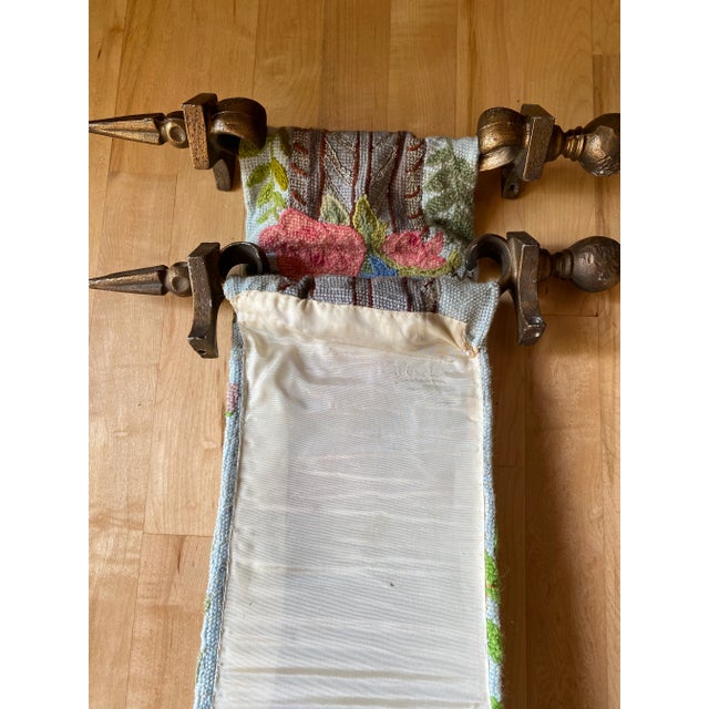 Metal Vintage Floral Needlepoint Hanging With Cast Metal Brackets For Sale - Image 7 of 8