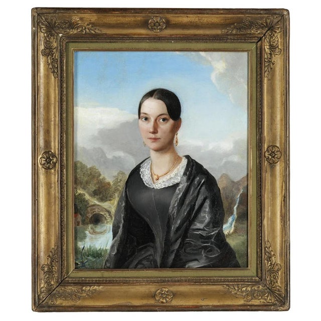 Eduard Magnus, Portrait of a Young Italian Woman in a Landscape with Open Water, 1800s, Oil on Canvas, Framed For Sale - Image 4 of 4