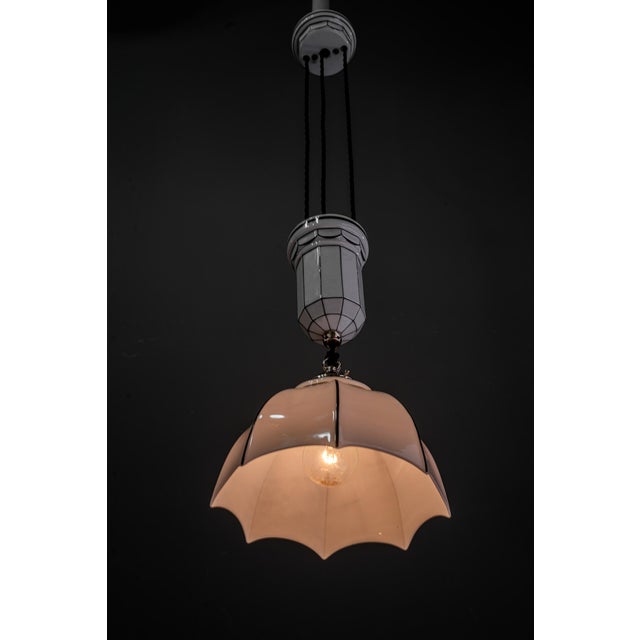 Glass Vintage Bauhaus Adjustable Porcelain Pendant Light with Opal Glass Shade, 1920s For Sale - Image 7 of 18
