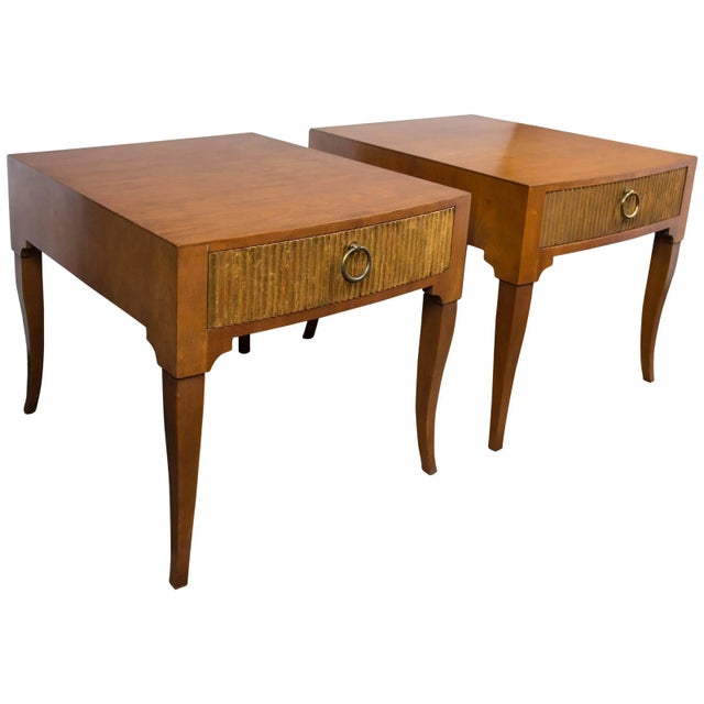Marked Baker, pair of Mid-Century Modern wood end tables with single wood reeded drawer and large ring pull.