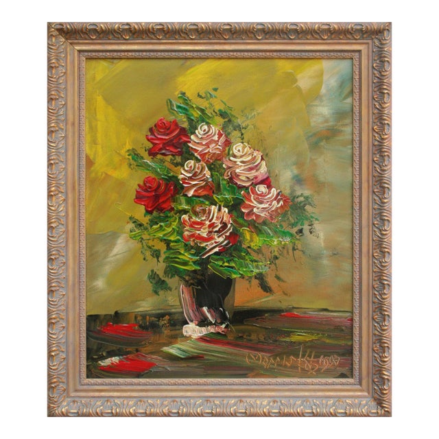 Red Roses, Late 20th Century Impasto Floral Still-Life, Record Breaking Artist by Morris Katz For Sale