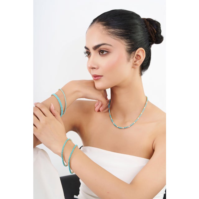 18k Yellow Gold 13.8ct Round Sleeping Beauty Turquoise & Diamond Tennis Necklace For Sale - Image 11 of 17