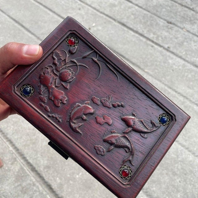 Vintage Chinese Carved Rosewood Box With Stone Inlays & Lotus Fish Motif - Jewelry/Keepsake Box For Sale - Image 9 of 9