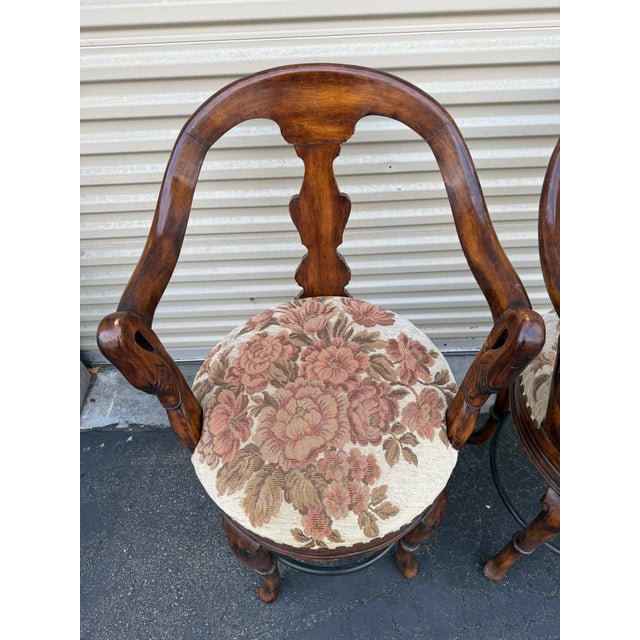 1990s Attributed to Maitland-Smith Carved Wood Swivel Bar Stools With Upholstered Seats - Pair For Sale In Los Angeles - Image 6 of 11